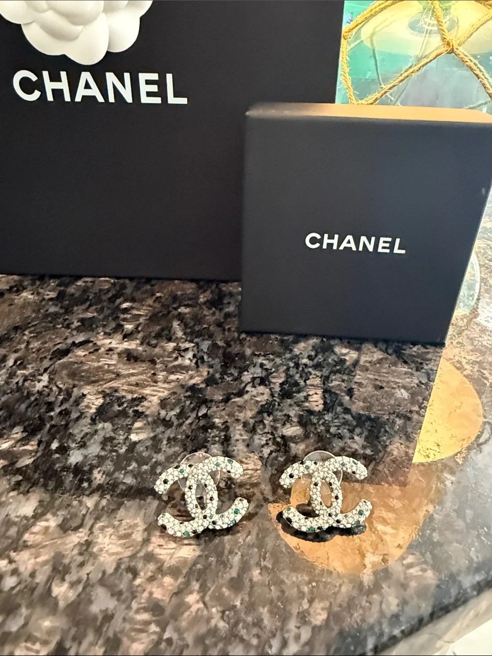 CHANEL Crystal CC Logo Earrings with Green Accents